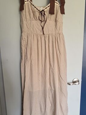 Gingham Midi Dress with Brown Bow Straps